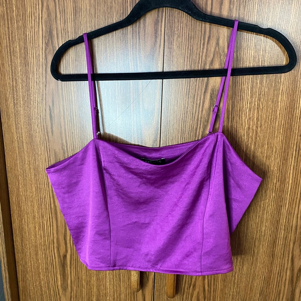 Express Cami Top Womens Large Purple Satin Cropped Adjustable Straps Cowl Neck‎